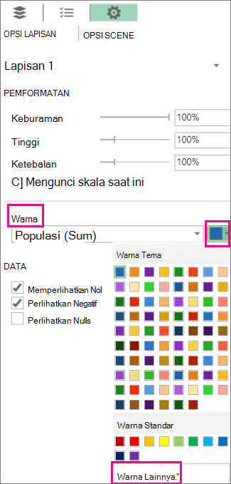 Turun bawah Warna pada tab Opsi Lapisan Pengaturan