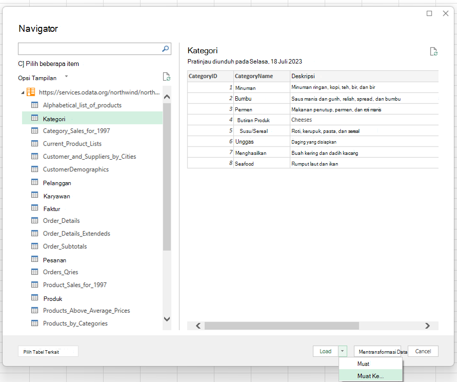 Menyiapkan koneksi Power Query untuk Python di Excel. Pilih tabel Kategori dari OData.