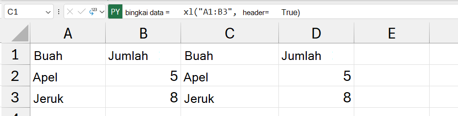 Konten DataFrame dikembalikan sebagai nilai Excel.