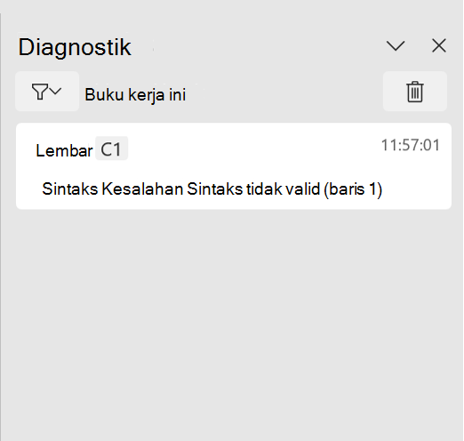 Panel tugas diagnostik Python di Excel, memperlihatkan galat sintaksis.