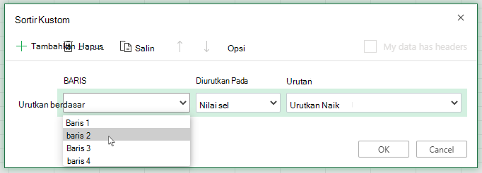 Menu menurun baris dalam dialog pengurutan kustom terbuka saat memilih untuk mengurutkan dari kiri ke kanan
