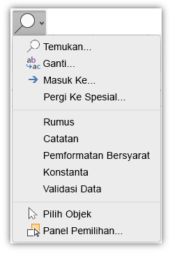 Cuplikan layar memperlihatkan menu Temukan & Pilih yang telah ditambahkan ke tab Beranda di pita.