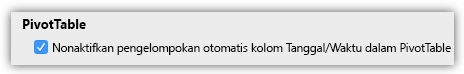 Cuplikan layar opsi PivotTable untuk menonaktifkan pengelompokan otomatis kolom Tanggal/Waktu.