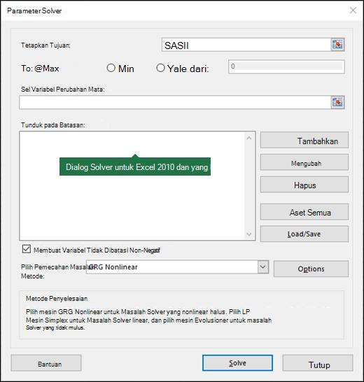 Gambar dialog Excel 2010+ Solver