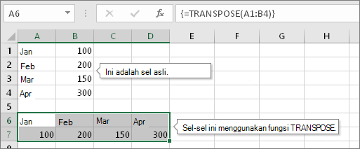 Sel asli di atas, sel dengan fungsi TRANSPOSE di bawah ini