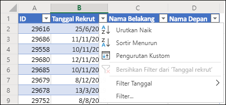 Menggunakan Filter Tabel Excel untuk mengurutkan dalam urutan Naik atau Turun