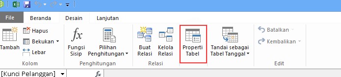 Pita dalam jendela PowerPivot memperlihatkan perintah Properti Tabel