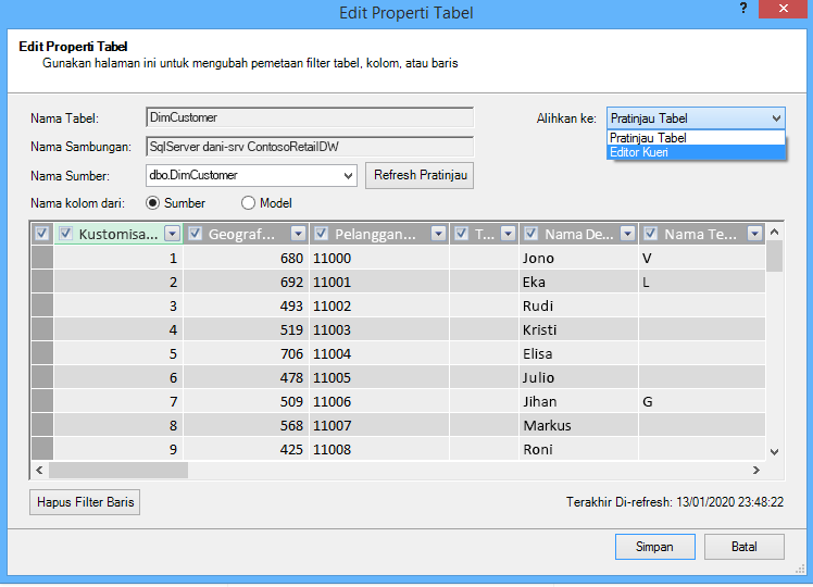 Membuka Editor Kueri dari dialog Properti Tabel