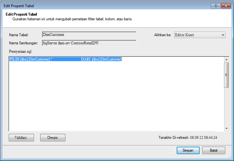 Kueri SQL menggunakan sintaks default yang lebih singkat.