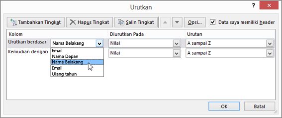 Di bawah Kolom, klik Urutkan menurut, lalu pilih suatu opsi