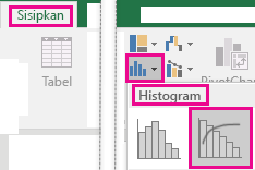 Cuplikan layar yang memperlihatkan bagan Pareto yang diakses dari tab Sisipkan.
