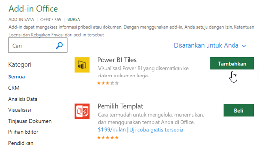 Cuplikan layar halaman Add-in Office tempat Anda bisa memilih atau mencari add-in untuk Excel.