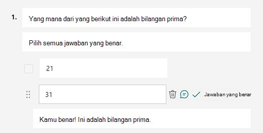 Pesan jawaban benar yang disesuaikan di Microsoft Forms