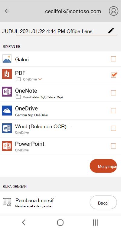 Cuplikan layar dari Microsoft Lens di ponsel Android