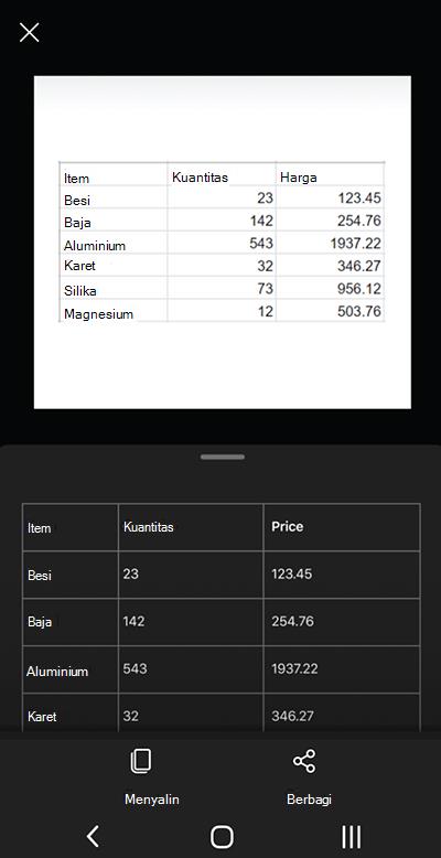Cuplikan layar dari Microsoft Lens di ponsel Android