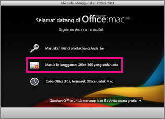 Halaman instalasi beranda Office untuk Mac tempat Anda masuk ke langganan Office 365 yang sudah ada.