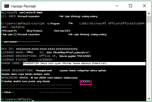 Prompt Perintah memperlihatkan lima digit kunci produk