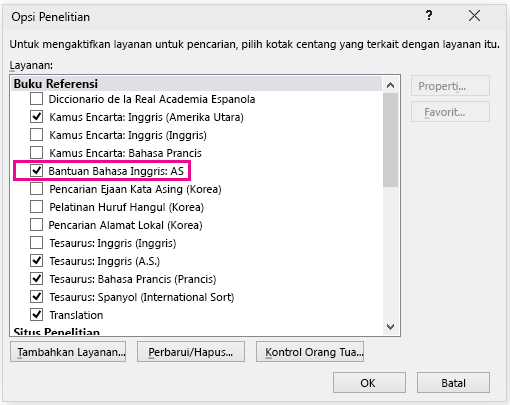 Dialog Opsi Penelitian dengan Bantuan Bahasa Inggris dipilih