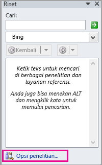 Panel riset dengan opsi Riset disorot
