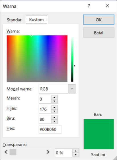 Pemilih warna di aplikasi Office. Di bawah bidang RGB ada bidang baru untuk memasukkan nilai warna Hex.