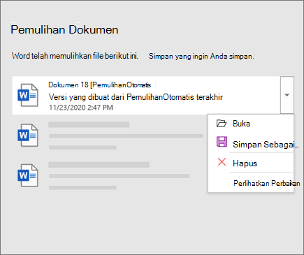 File yang Dipulihkan Otomatis tercantum di panel Pemulihan Dokumen