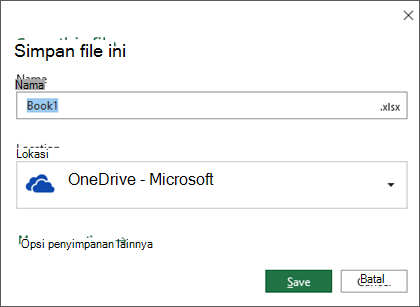 Dialog penyimpanan di Microsoft Excel untuk Office 365