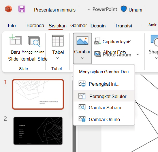 Cuplikan layar fitur penyisipan gambar dari perangkat seluler di PowerPoint.