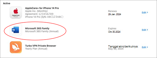 Cuplikan layar langganan aktif yang dapat Anda kelola, dengan Microsoft 365 Family yang dilingkari dengan warna merah.