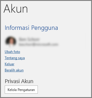 Panel Akun menampilkan tombol Privasi Akun, Kelola Pengaturan
