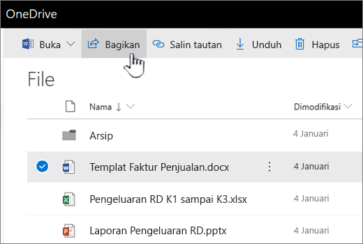 OneDrive dengan file dipilih dan tombol Bagikan sedang ditekan