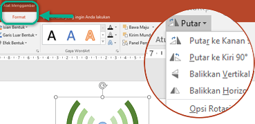Perintah Rotasi tersedia pada tab Format Alat Menggambar di pita toolbar. Pilih objek yang ingin diputar, kemudian klik pita.