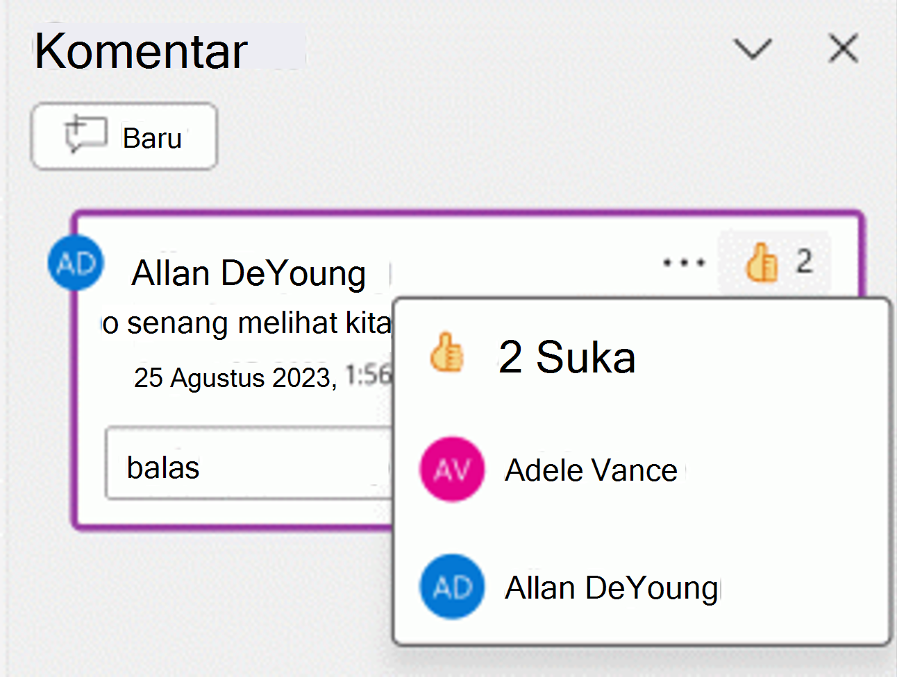 Cuplikan layar reaksi jempol ke atas terhadap komentar