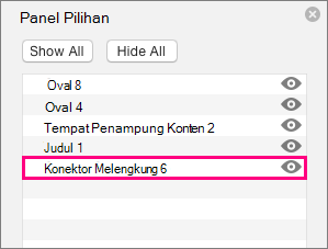 Memperlihatkan konektor di bagian bawah daftar di panel pilihan