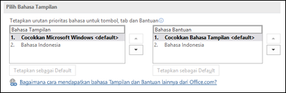 Dialog yang memungkinkan Anda memilih bahasa yang akan digunakan Office untuk tombol, menu, dan bantuannya.