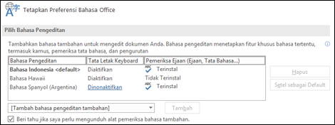 Kotak dialog tempat Anda dapat menambahkan, memilih, atau menghapus bahasa yang digunakan Office untuk alat pemeriksa dan pengeditan.