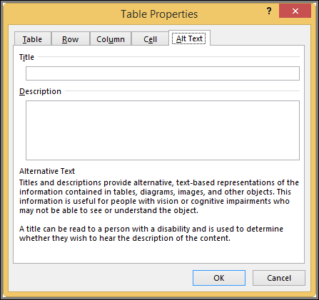 Tab Teks Alt dalam kotak dialog Properti Tabel