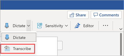 Memperlihatkan tombol Transkripsi di Word