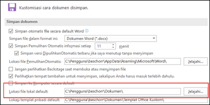 Opsi Simpan di Word, memperlihatkan pengaturan folder kerja default