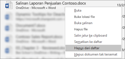 Menu konteks yang terlihat saat file diklik kanan dalam daftar File Terbaru