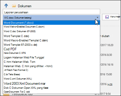 Klik menu menurun tipe file untuk memilih format file lain bagi dokumen Anda