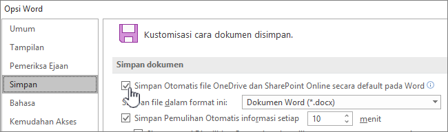 Mengaktifkan simpan otomatis default di Word