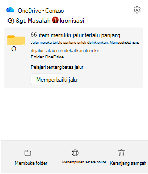 Cuplikan layar memperlihatkan pusat aktivitas OneDrive dengan opsi Perbaiki jalur.