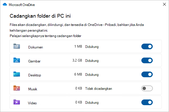 Cuplikan layar memperlihatkan dialog pilihan untuk mencadangkan folder OneDrive