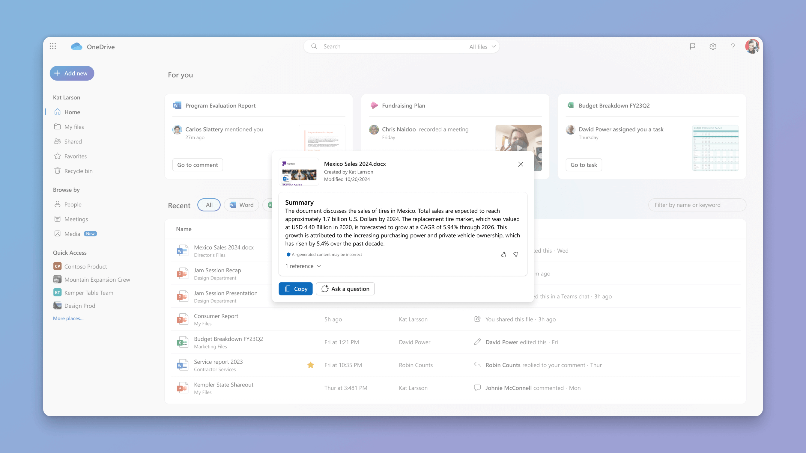 cuplikan layar skenario meringkas file untuk copilot di onedrive
