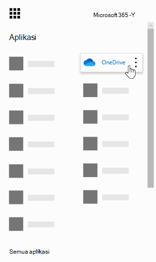 Peluncur aplikasi Office 365 dengan aplikasi OneDrive disorot