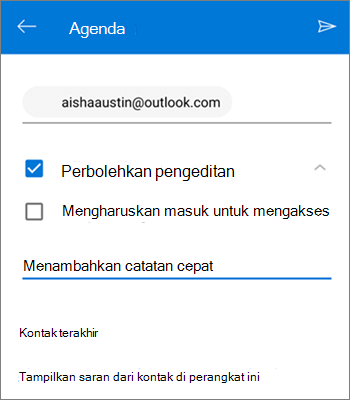Cuplikan layar mengundang orang untuk berbagi file dari OneDrive untuk Android