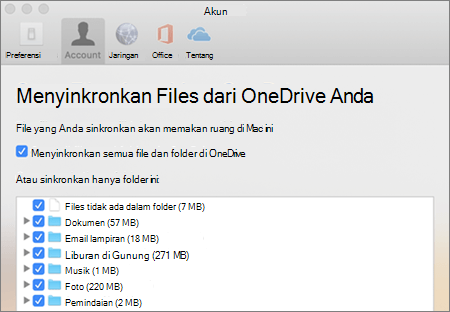 Sinkronkan kotak dialog Folder untuk OneDrive untuk Mac