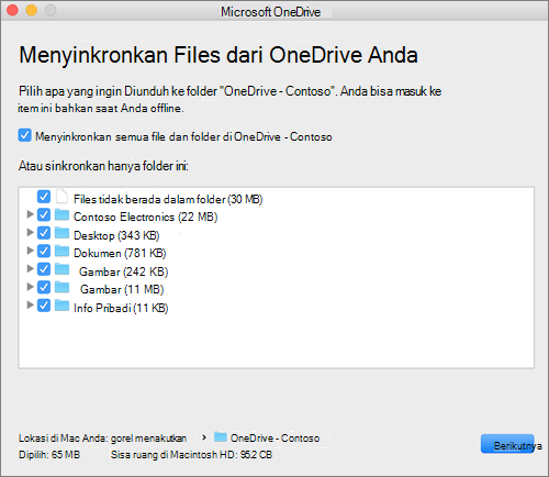 Cuplikan layar menu penyiapan OneDrive untuk memilih folder atau file mana yang akan disinkronkan.