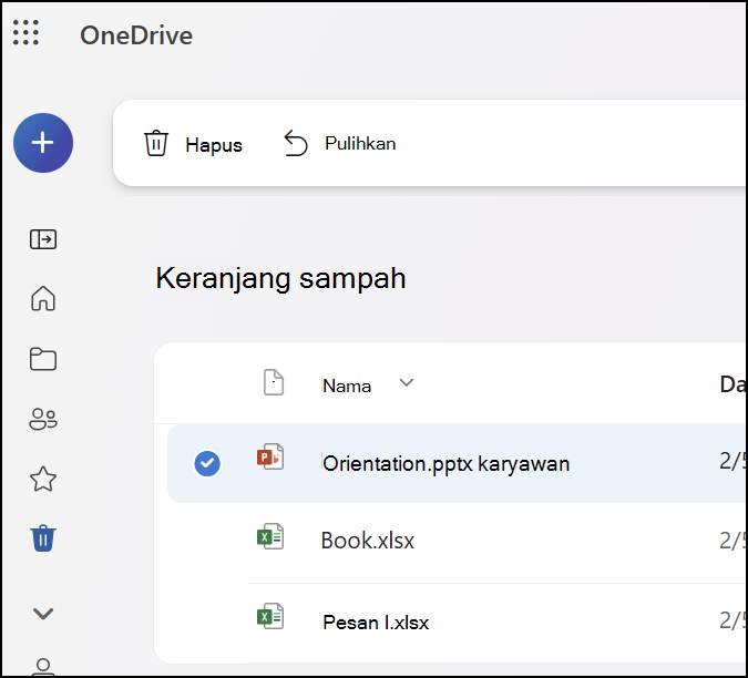 Cuplikan layar memperlihatkan tab Keranjang Sampah di OneDrive.com.