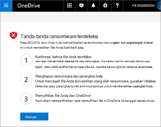 Cuplikan layar layar Tanda ransomware yang terdeteksi di situs web OneDrive